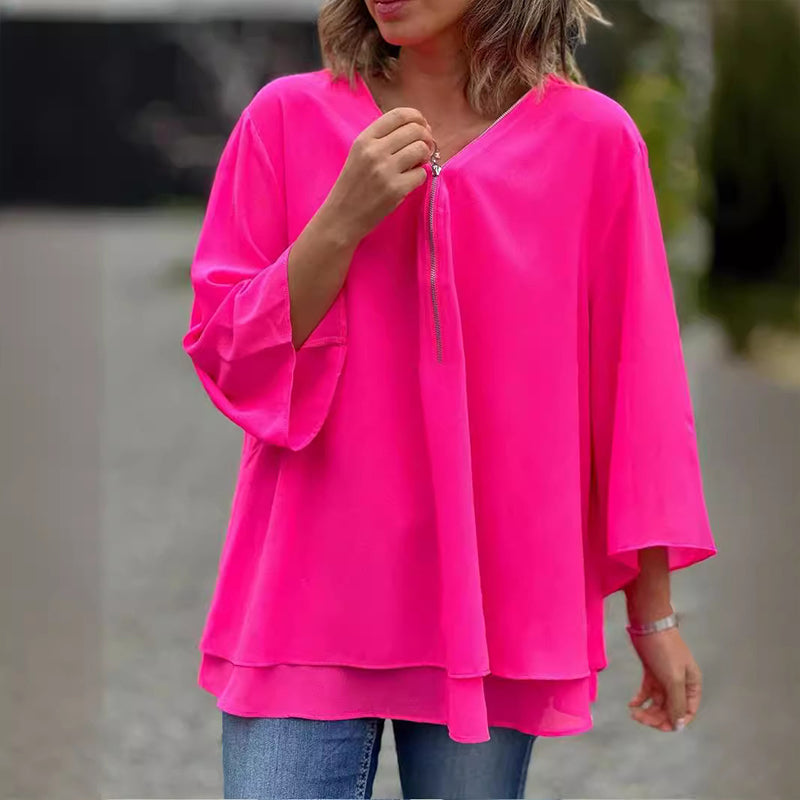 Risa - Elegantes Damen Chiffon-Top mit V-Ausschnitt und Reißverschluss Rosa