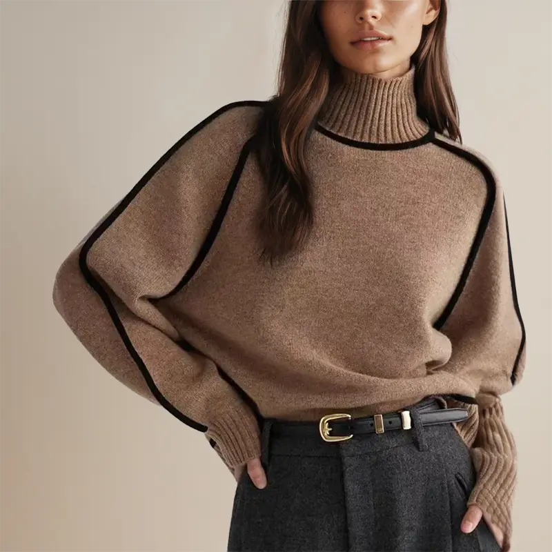 Rita - Damen Rollkragenpullover Streifen Warm Elegant Braun