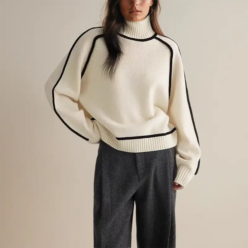 Rita - Damen Rollkragenpullover Streifen Warm Elegant Weiß