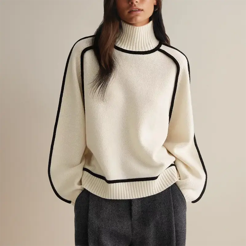 Rita - Damen Rollkragenpullover Streifen Warm Elegant Weiß