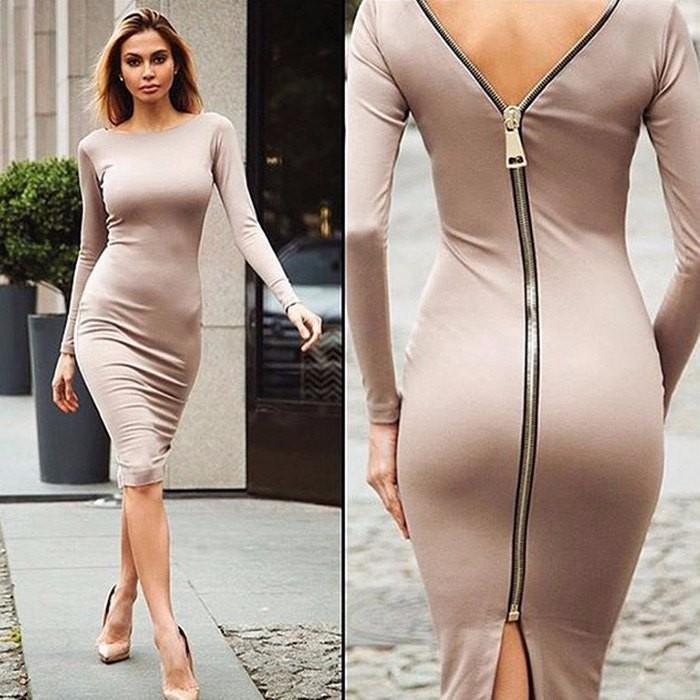 Rita - Langärmeliges Bleistiftkleid mit Rückenreißverschluss Beige