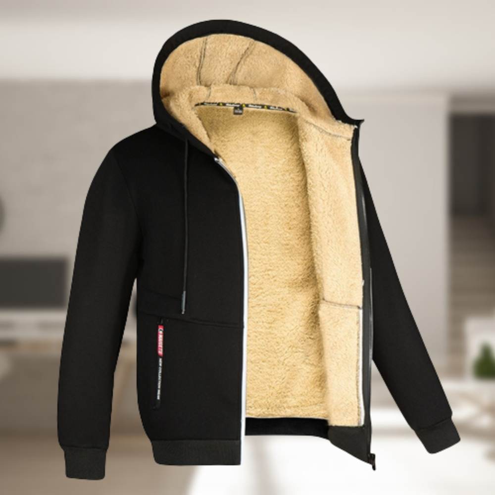 Robert - Herren Winterjacke Lässig Warm Kapuze Fleece Schwarz
