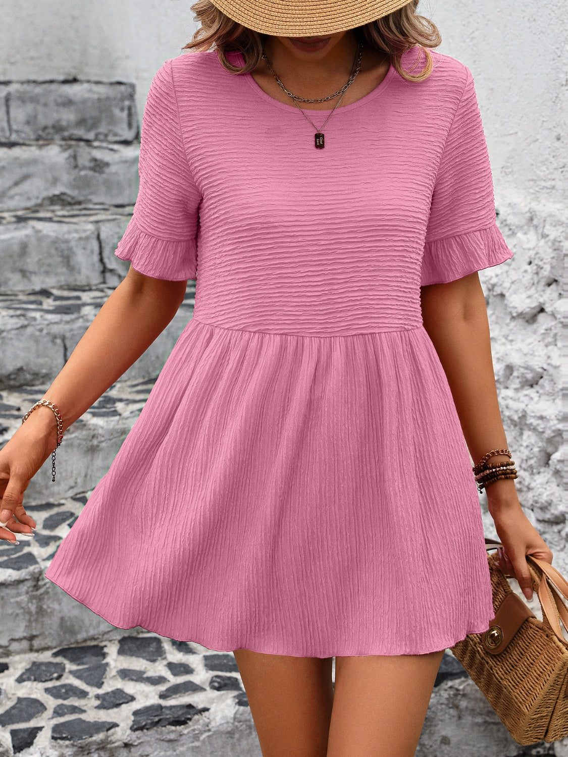Rosanna- Lockere Bluse mit Rundhalsausschnitt kurzen Ärmeln Rosa