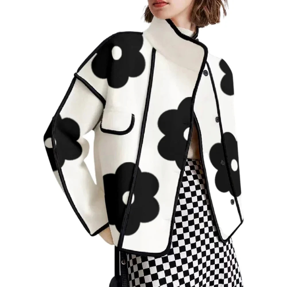 Elegant Black & White Women’s Floral Quilted Jacket