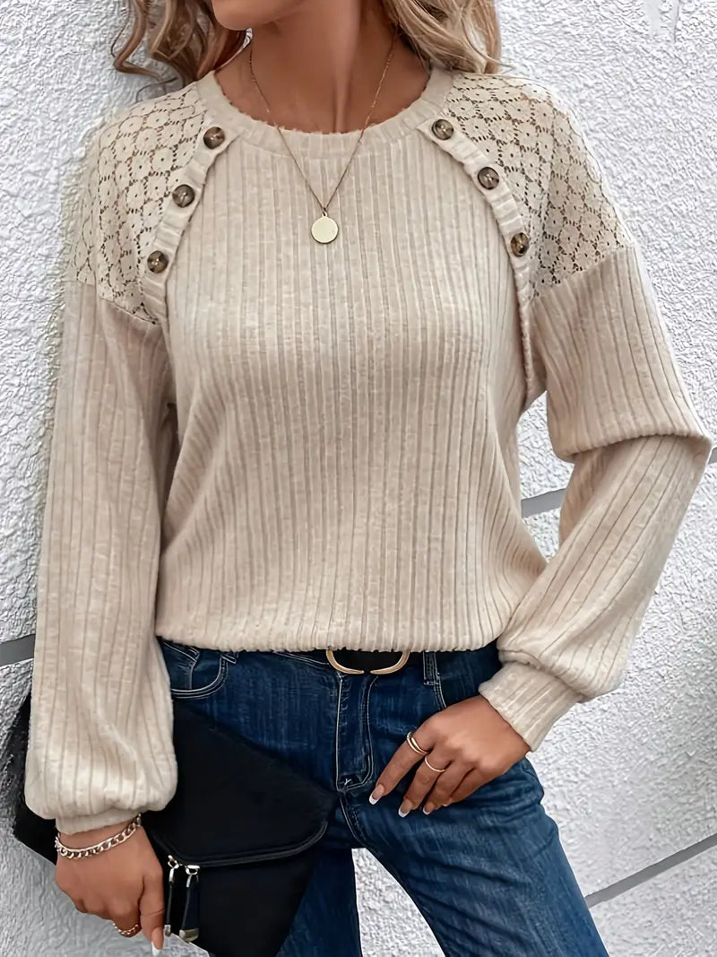 Sara - Damen Pullover Winter Warm Kuschelig Rundhals Khaki