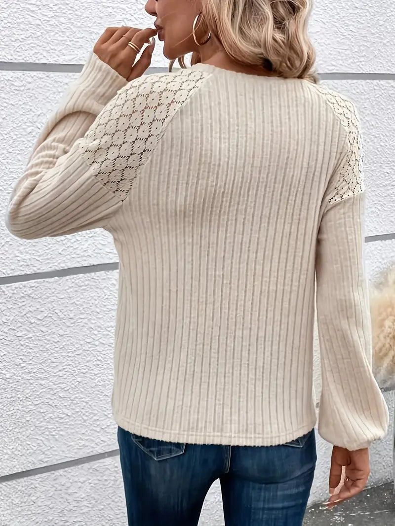 Sara - Damen Pullover Winter Warm Kuschelig Rundhals Khaki
