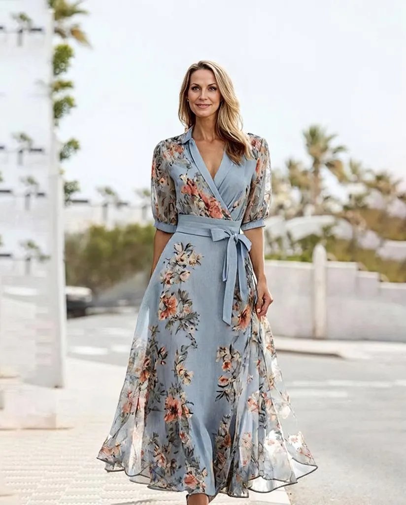 Sarina - Elegantes Midi-Kleid mit Kurzen Ärmeln und V-Ausschnitt Hellblau