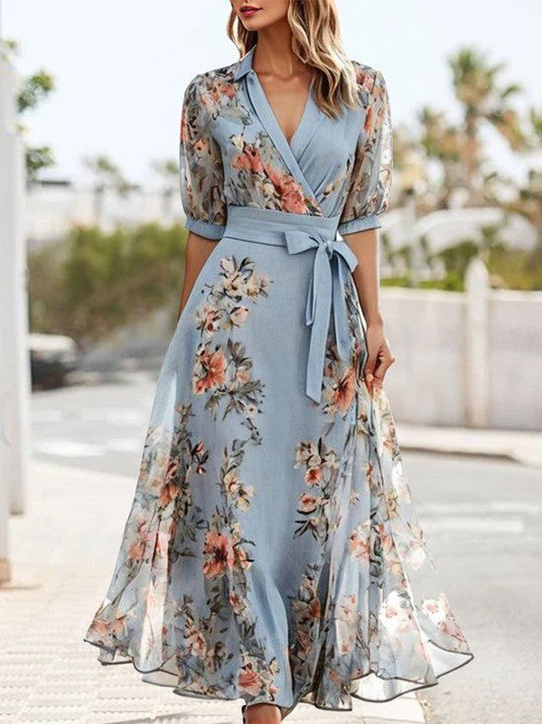 Sarina - Elegantes Midi-Kleid mit Kurzen Ärmeln und V-Ausschnitt Hellblau 2