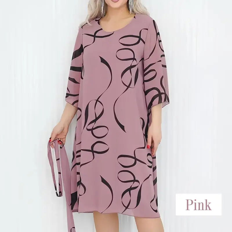 Jurk Voor Vrouwen Elegante Losse Midi Jurk Print Casual Met Ruches Mouwen Ronde Hals