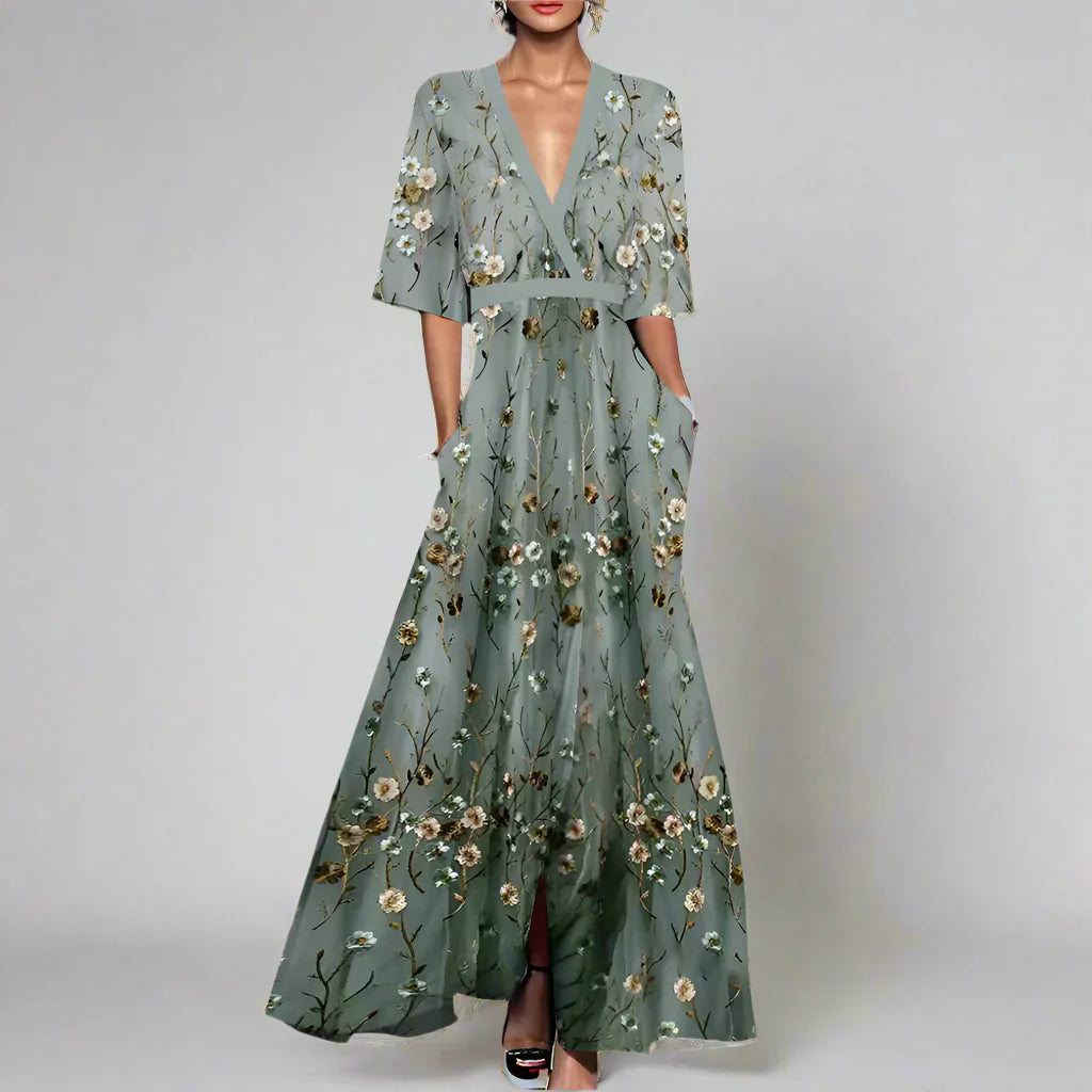 Scarlett - Elegantes Blumenkleid Damen mit Mittellangen Ärmeln Grun