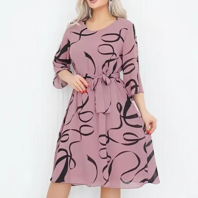 Jurk Voor Vrouwen Elegante Losse Midi Jurk Print Casual Met Ruches Mouwen Ronde Hals