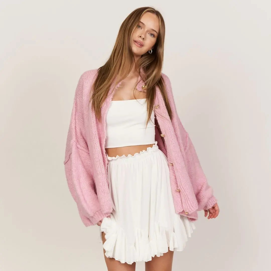 Simone - Damen Oversize Strick Cardigan mit Goldknöpfen Rosa