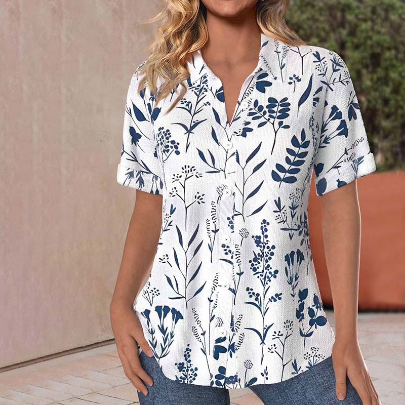 Sophia - Lässige Damenbluse mit Blattdruck, Kurze Ärmel aus Baumwoll-Polyester WeiB