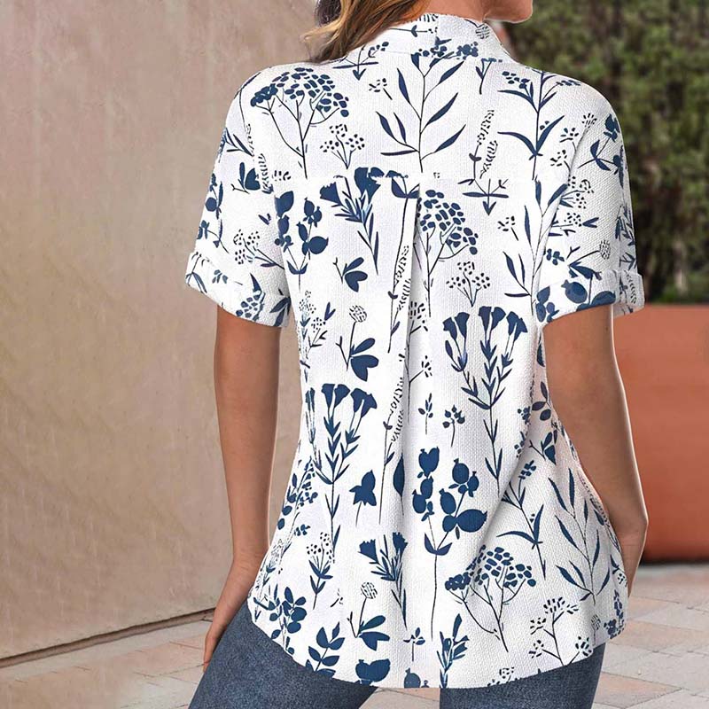 Sophia - Lässige Damenbluse mit Blattdruck, Kurze Ärmel aus Baumwoll-Polyester WeiB