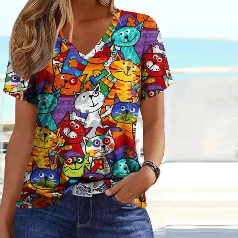 Sunna - Buntes Katzendruck T-Shirt Damen Mit Kurzarm Mehrfarbig 2