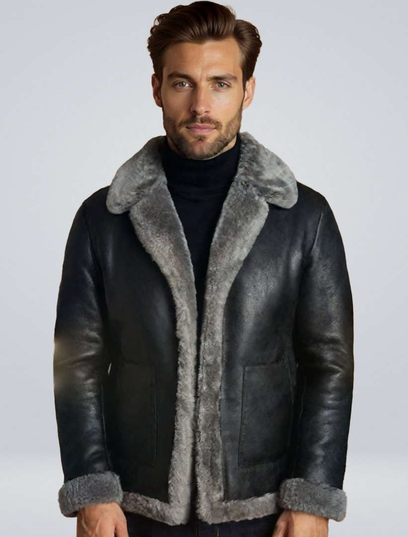 Sylvana - Damen Shearling Lederjacke Winter Warm Luxus Schwarz