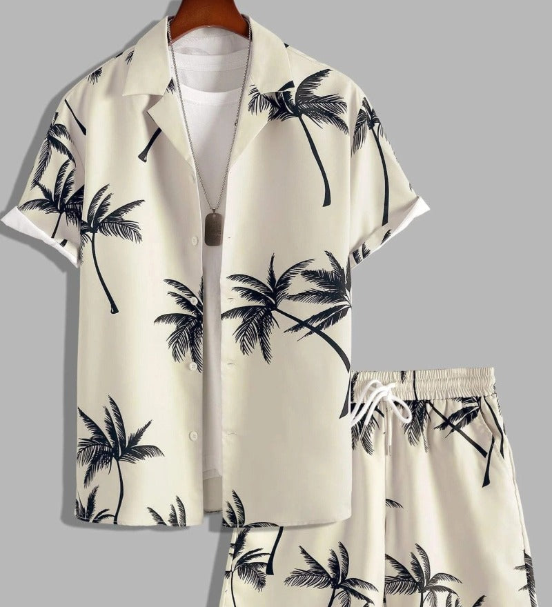 Syvert - Herrenset mit tropischem Druck, leichtes Hemd und Shorts für Männer Beige
