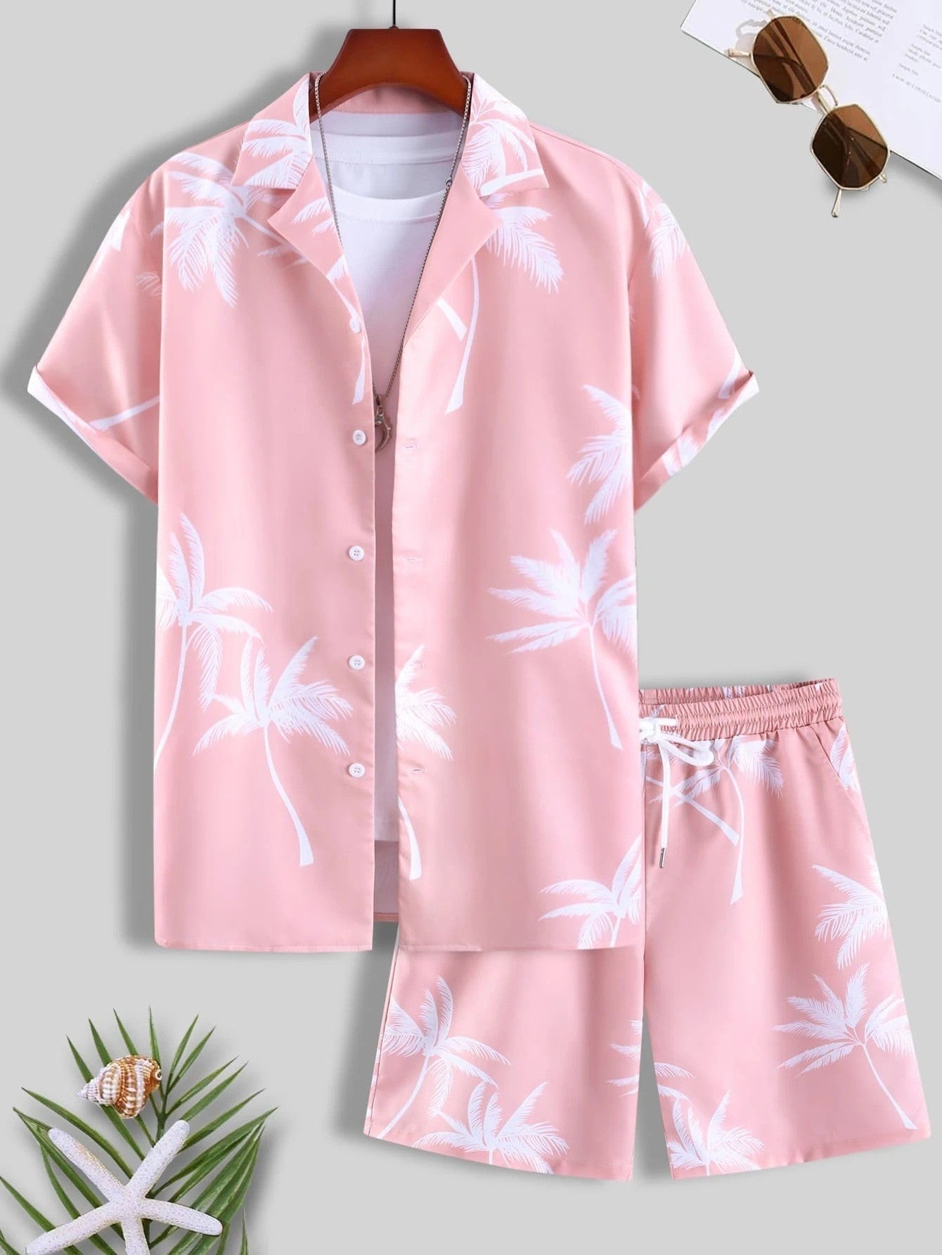 Syvert - Herrenset mit tropischem Druck, leichtes Hemd und Shorts für Männer Rosa