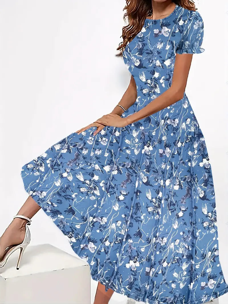 Tabea - Damen Kleid blumiger Rundhalsausschnitt, leichtes Blau