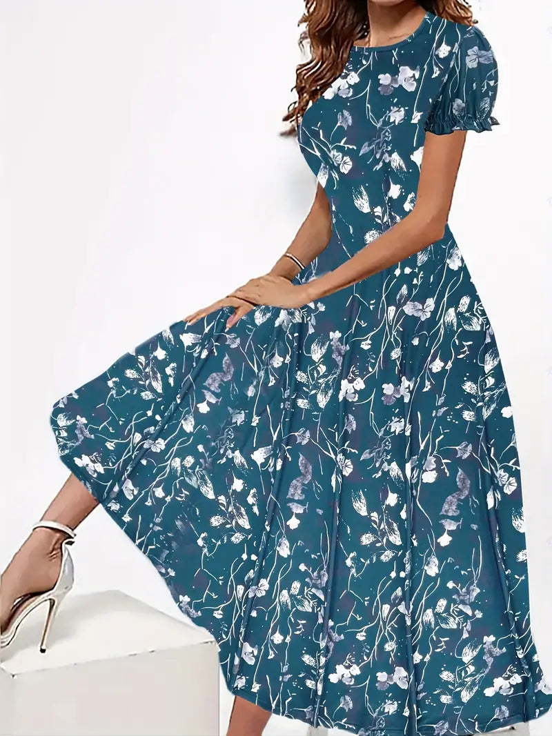 Tabea - Damen Kleid blumiger Rundhalsausschnitt, leichtes Grun
