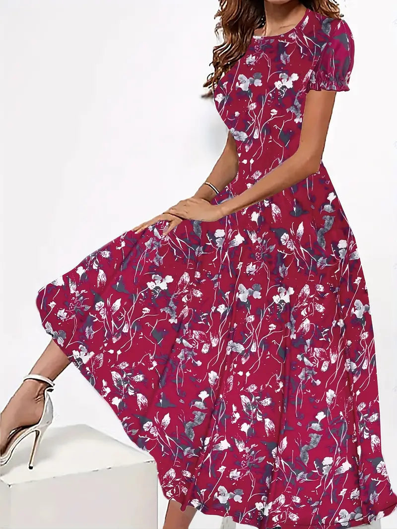 Tabea - Damen Kleid blumiger Rundhalsausschnitt, leichtes Weinrot