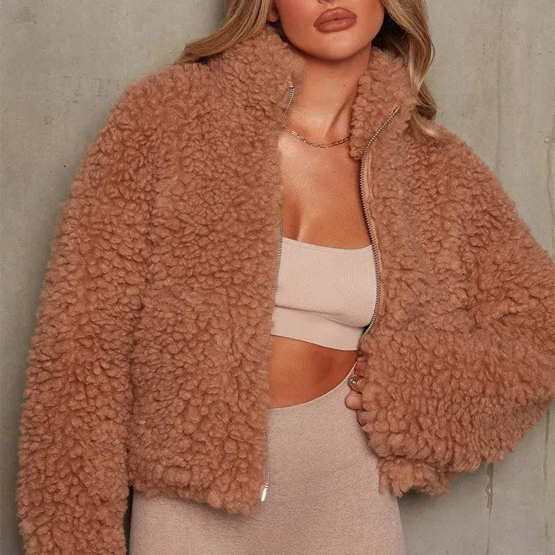 Tabea - Teddyjacke Zimtbraun Kuschelig Warm Cropped Braun