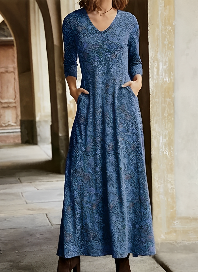 Tamara - Vintage Blumenkleid in Midi-Länge Blau