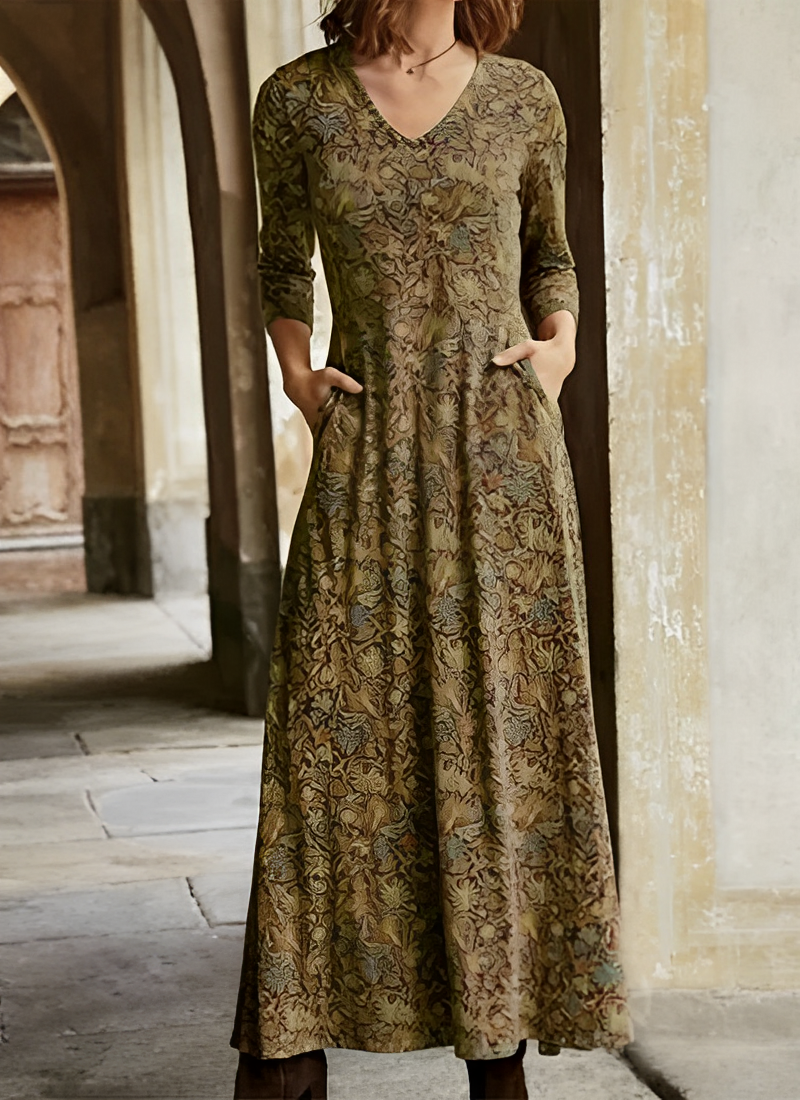 Tamara - Vintage Blumenkleid in Midi-Länge Braun