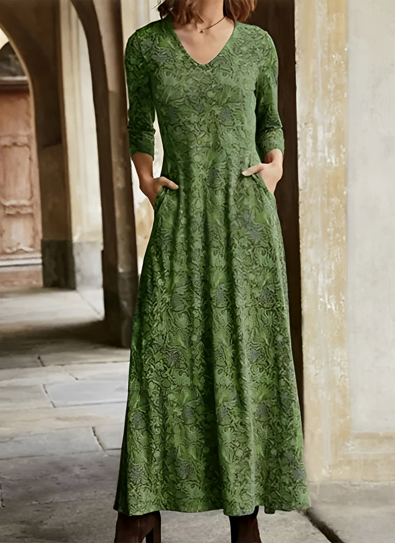 Tamara - Vintage Blumenkleid in Midi-Länge Grun