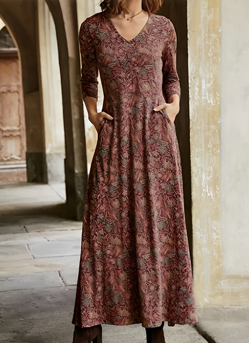 Tamara - Vintage Blumenkleid in Midi-Länge Rot