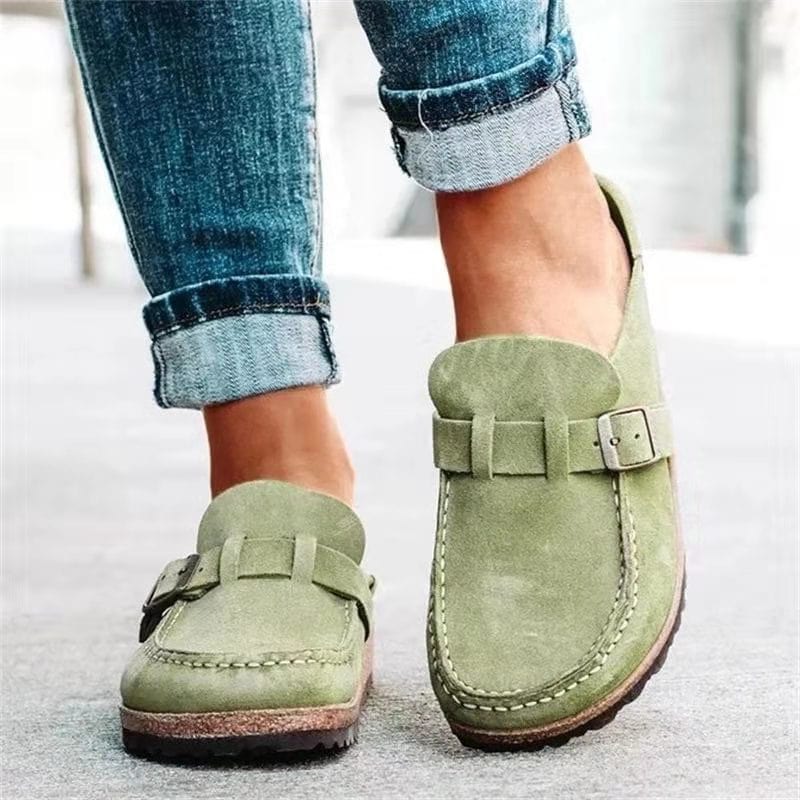 Tanja - Damen Sommer Wildleder Slip-on Clogs mit Schnallenstil Grun