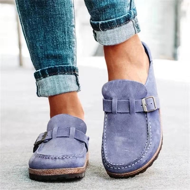 Tanja - Damen Sommer Wildleder Slip-on Clogs mit Schnallenstil Lila