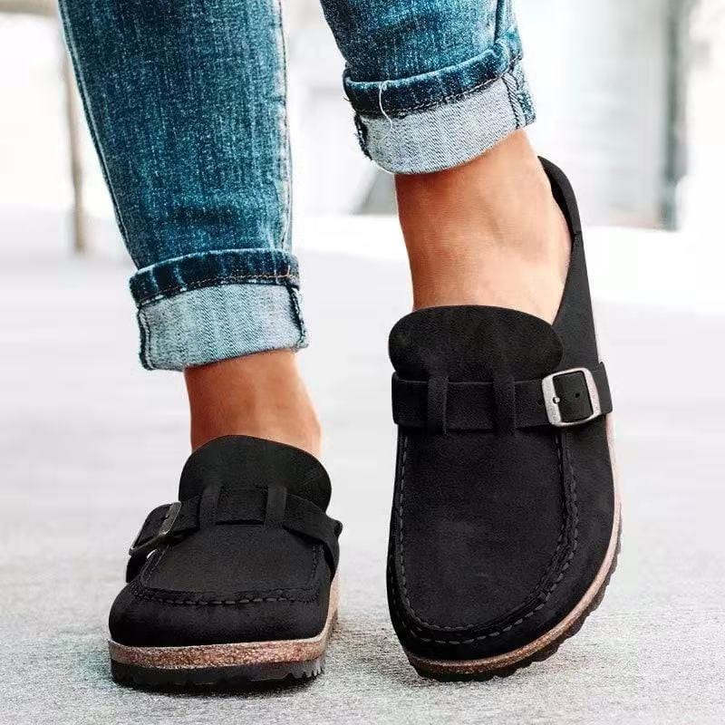 Tanja - Damen Sommer Wildleder Slip-on Clogs mit Schnallenstil Schwarz
