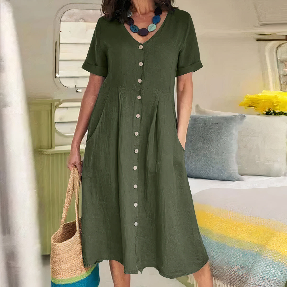 Tarelda - Damen Knopf-Front Midikleid Armegrun