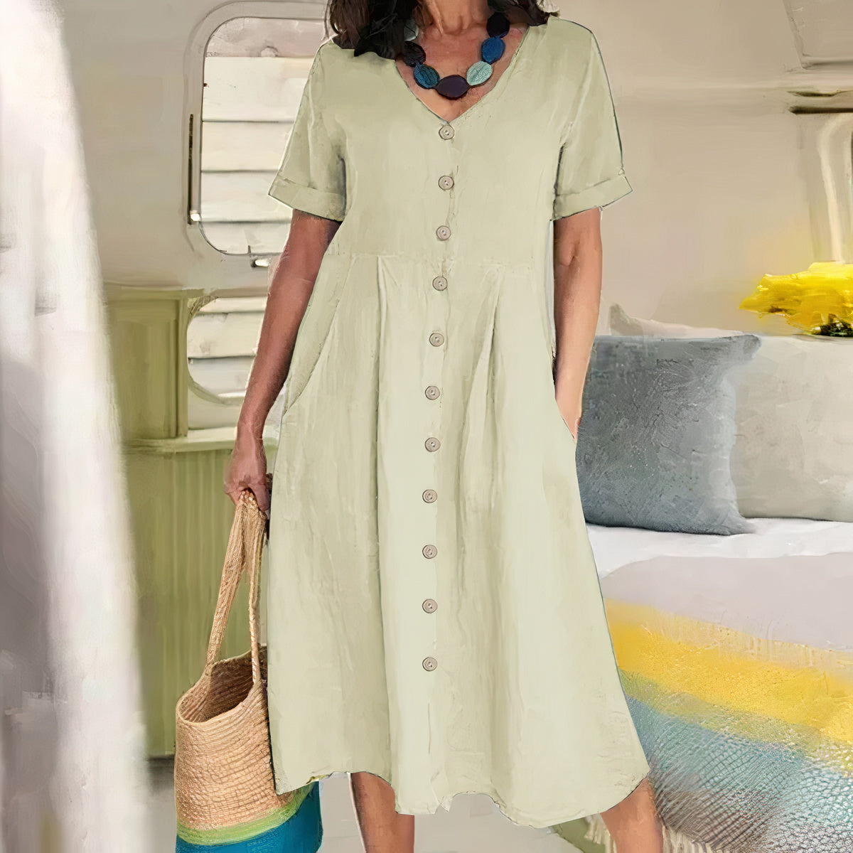 Tarelda - Damen Knopf-Front Midikleid Beige