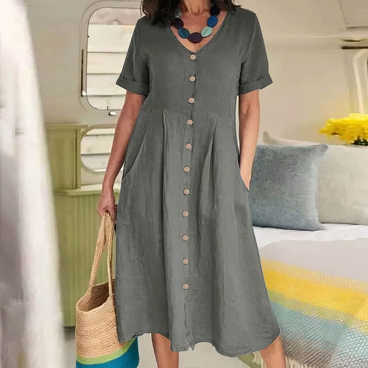 Tarelda - Damen Knopf-Front Midikleid Grau