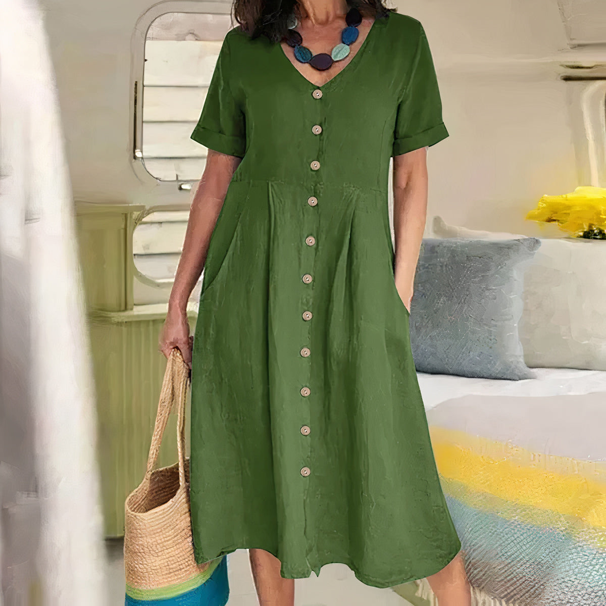 Tarelda - Damen Knopf-Front Midikleid Grun