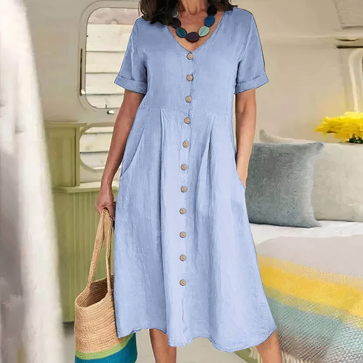 Tarelda - Damen Knopf-Front Midikleid Hellblau