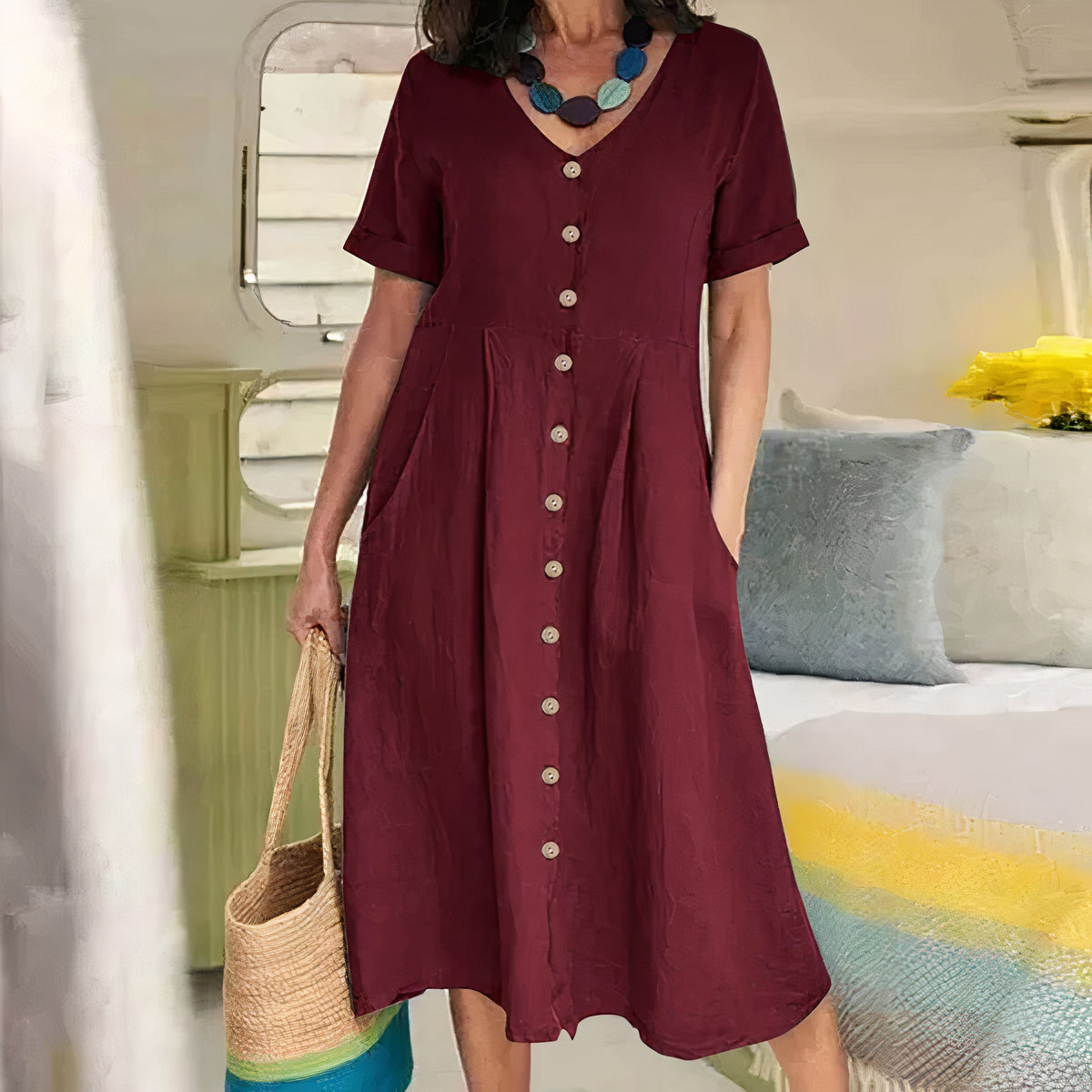 Tarelda - Damen Knopf-Front Midikleid Rot
