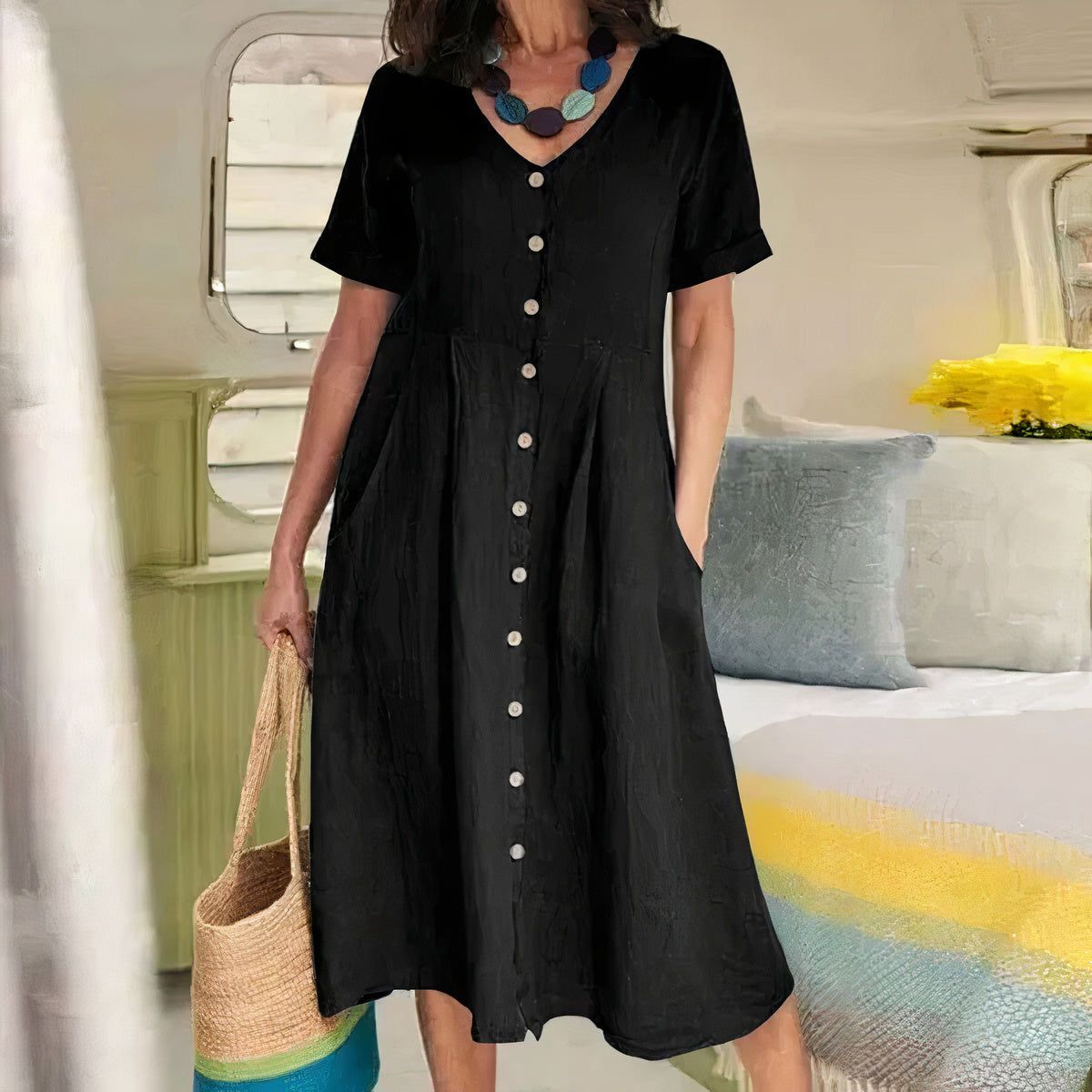 Tarelda - Damen Knopf-Front Midikleid Schwarz