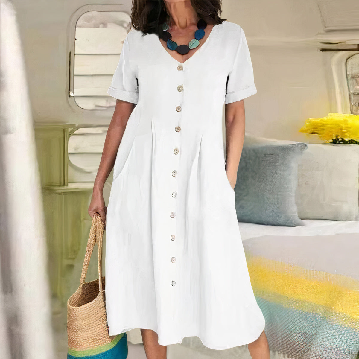 Tarelda - Damen Knopf-Front Midikleid WeiB