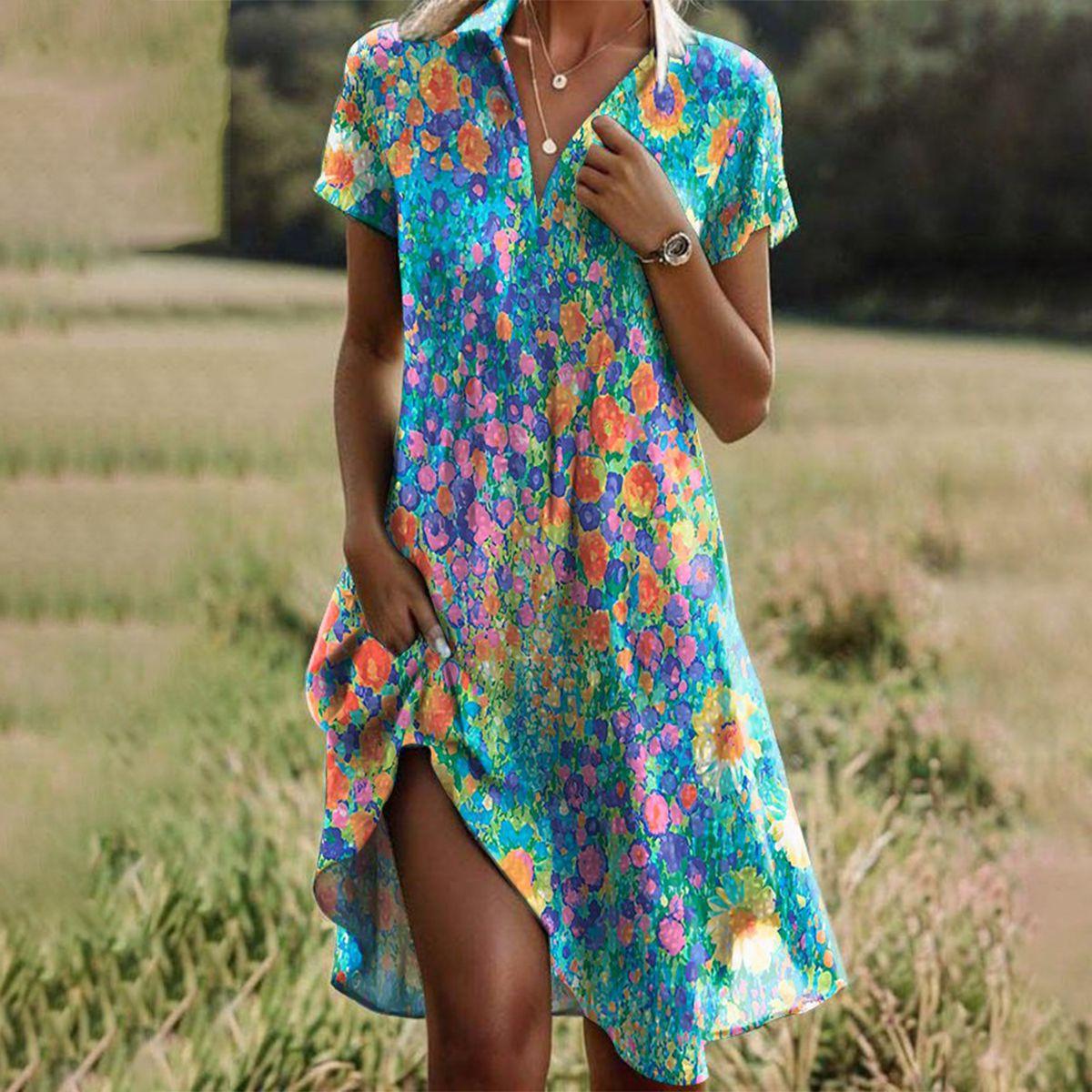 Tavina - Damen Boho Sommerkleid mit Print Mehrfarbig