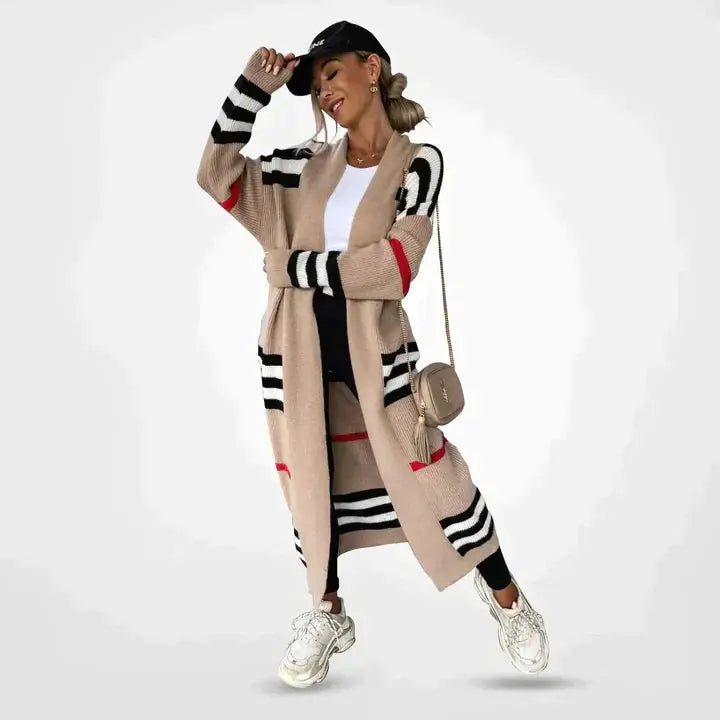 Tessa - Strick Cardigan Gestreift Langarm Lang Bequem Beige