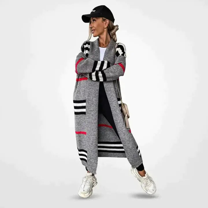 Tessa - Strick Cardigan Gestreift Langarm Lang Bequem Grau
