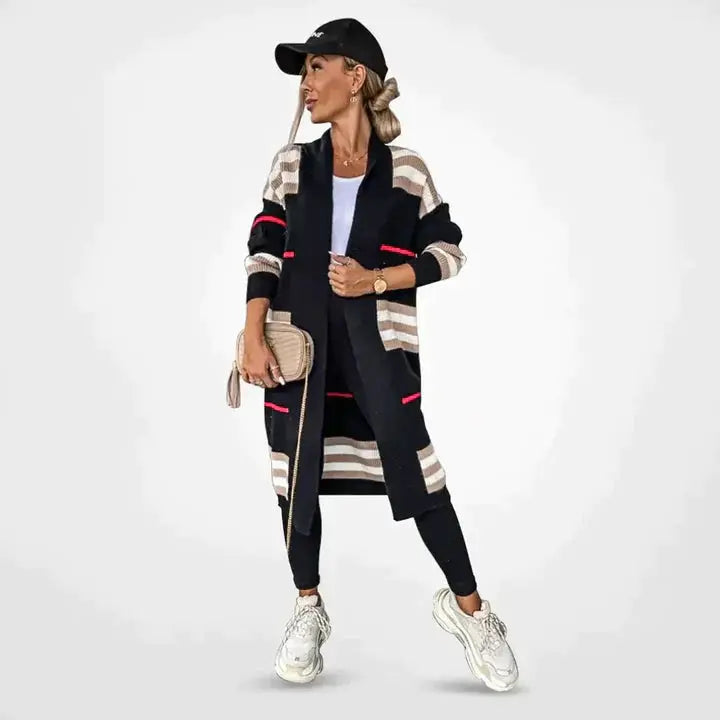 Tessa - Strick Cardigan Gestreift Langarm Lang Bequem Schwarz
