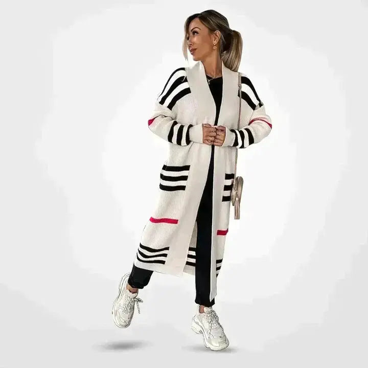 Tessa - Strick Cardigan Gestreift Langarm Lang Bequem Weiß