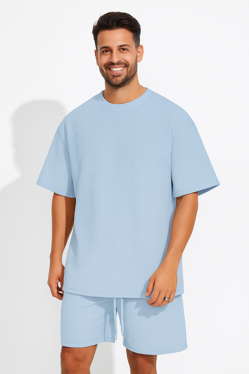 Theo – Oversized-Set mit Struktur, T-Shirt und Shorts - Himmelblau 