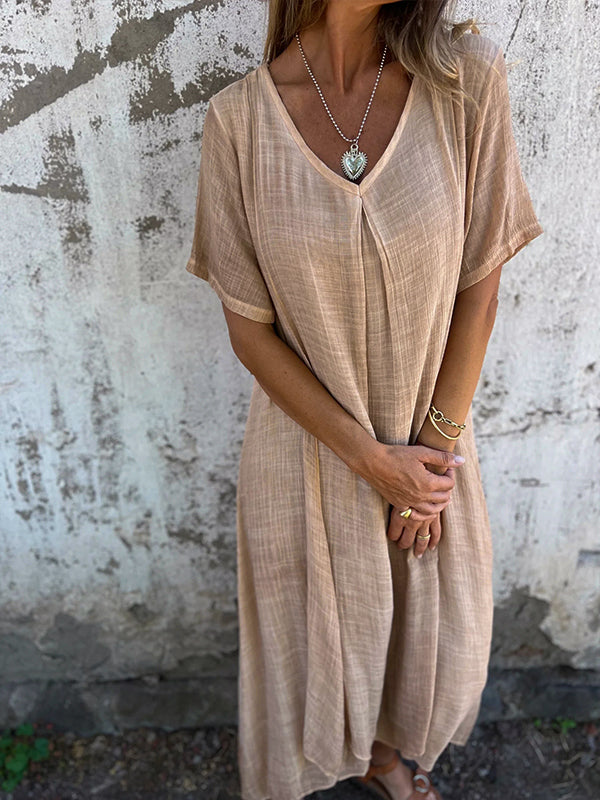 Thyra - Damen-Midikleid aus Leinen mit V-Ausschnitt und kurzen Ärmeln Beige