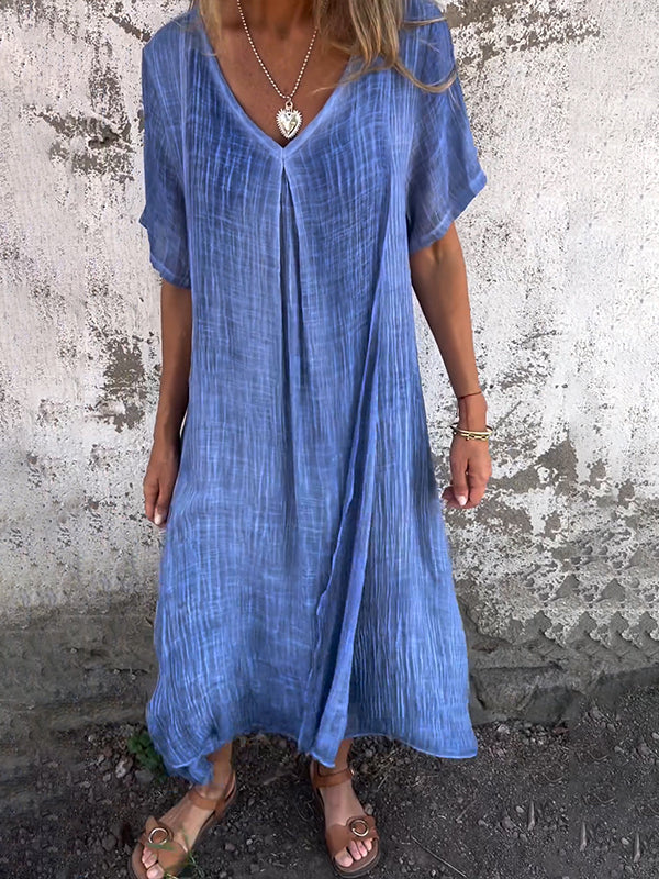 Thyra - Damen-Midikleid aus Leinen mit V-Ausschnitt und kurzen Ärmeln Blau