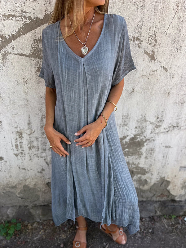 Thyra - Damen-Midikleid aus Leinen mit V-Ausschnitt und kurzen Ärmeln Grau